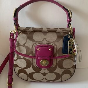 New Coach Poppy Signature Willis Handbag in Berry and Khaki Colorway.